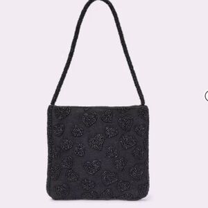 A New Day Beaded Heart Flat Shoulder Bag Black: Floral Pattern, Beaded Handle‎